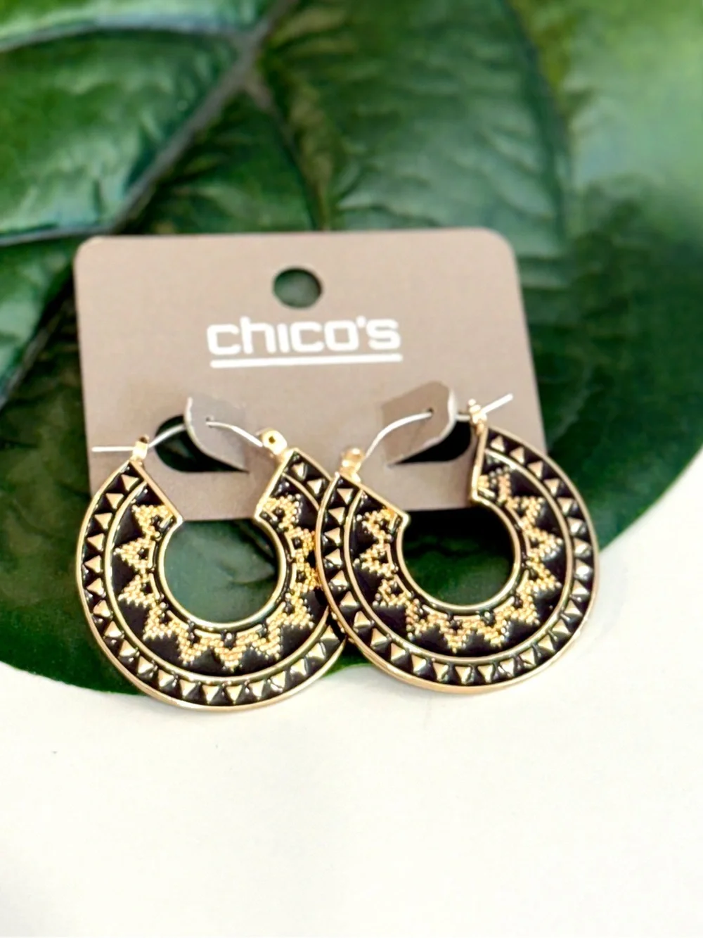 CHICO’S Black Gold Tribal Statement Hoop Earrings NWT
